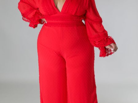 26695XP- DEEP V NECK LACE TRIM JUMPSUIT (PLUS) on Sale