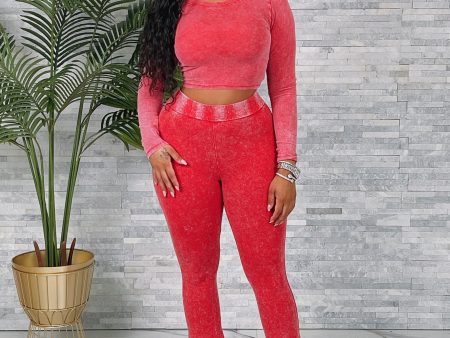 LF24555- WASHED CROP TOP & FLARE PANTS SET Cheap