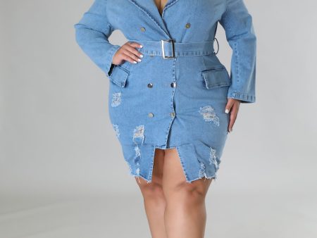 26488XP - DENIM LS W BELT MINI DRESS (PLUS) For Cheap