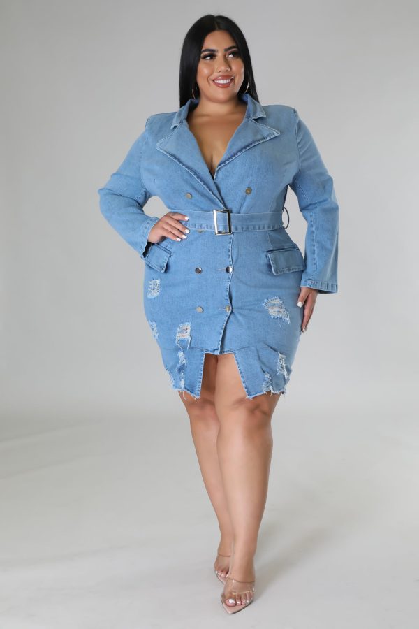 26488XP - DENIM LS W BELT MINI DRESS (PLUS) For Cheap