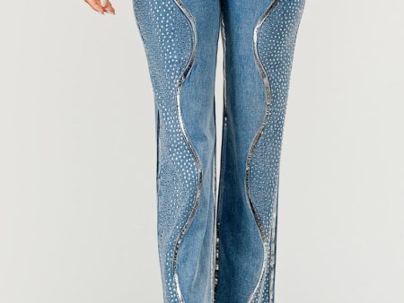 AIP5090AP-Denim Rhinestone Straight Pants Hot on Sale