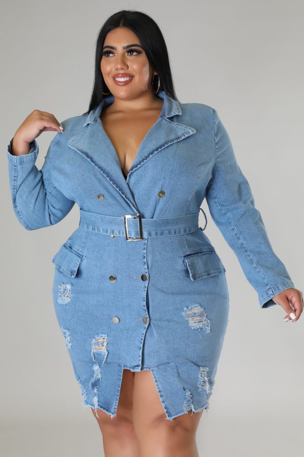 26488XP - DENIM LS W BELT MINI DRESS (PLUS) For Cheap