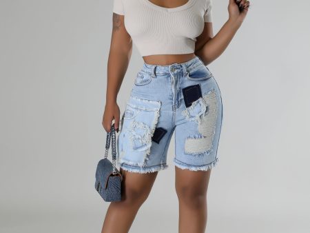 HM1415P-Patch Denim Distressed Shorts Discount