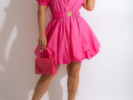 ID9252P-Puffy Sleeve Mini Dress W  Belt Online