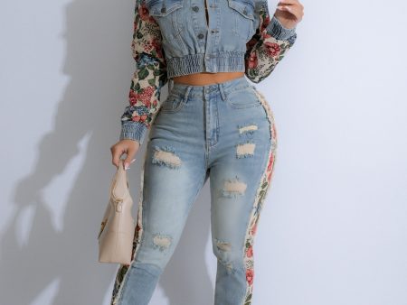 YK8051+8057P - TAPESTRY DENIM CROP JACKET & JEANS SET Online now