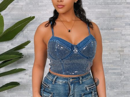 DBT40216P-Sequin Denim Top For Cheap