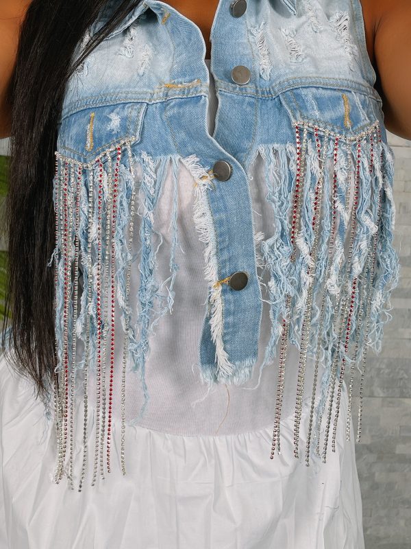 T226P-Denim Rhinestone Fringe Vest Supply