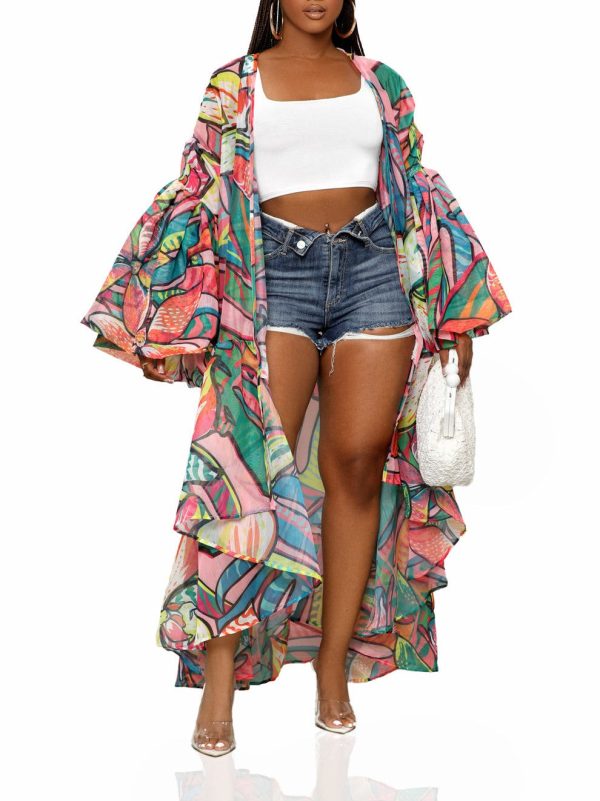 HT293PXP-Nature Print Sheer Balloon Sleeve Cardigan(PLUS) For Sale