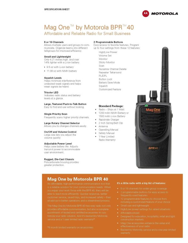 Motorola BPR40 Mag One by Motorola VHF(150-174 MHz) 8 Channel 5 Watts Model Number AAH84KDS8AA1AN - Requires Programming Discount