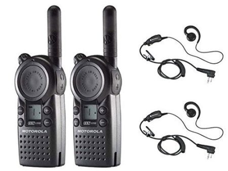 2 Pack of Motorola CLS1110 Radios with 2 Push To Talk (PTT) HKLN4604 earpieces. For Sale